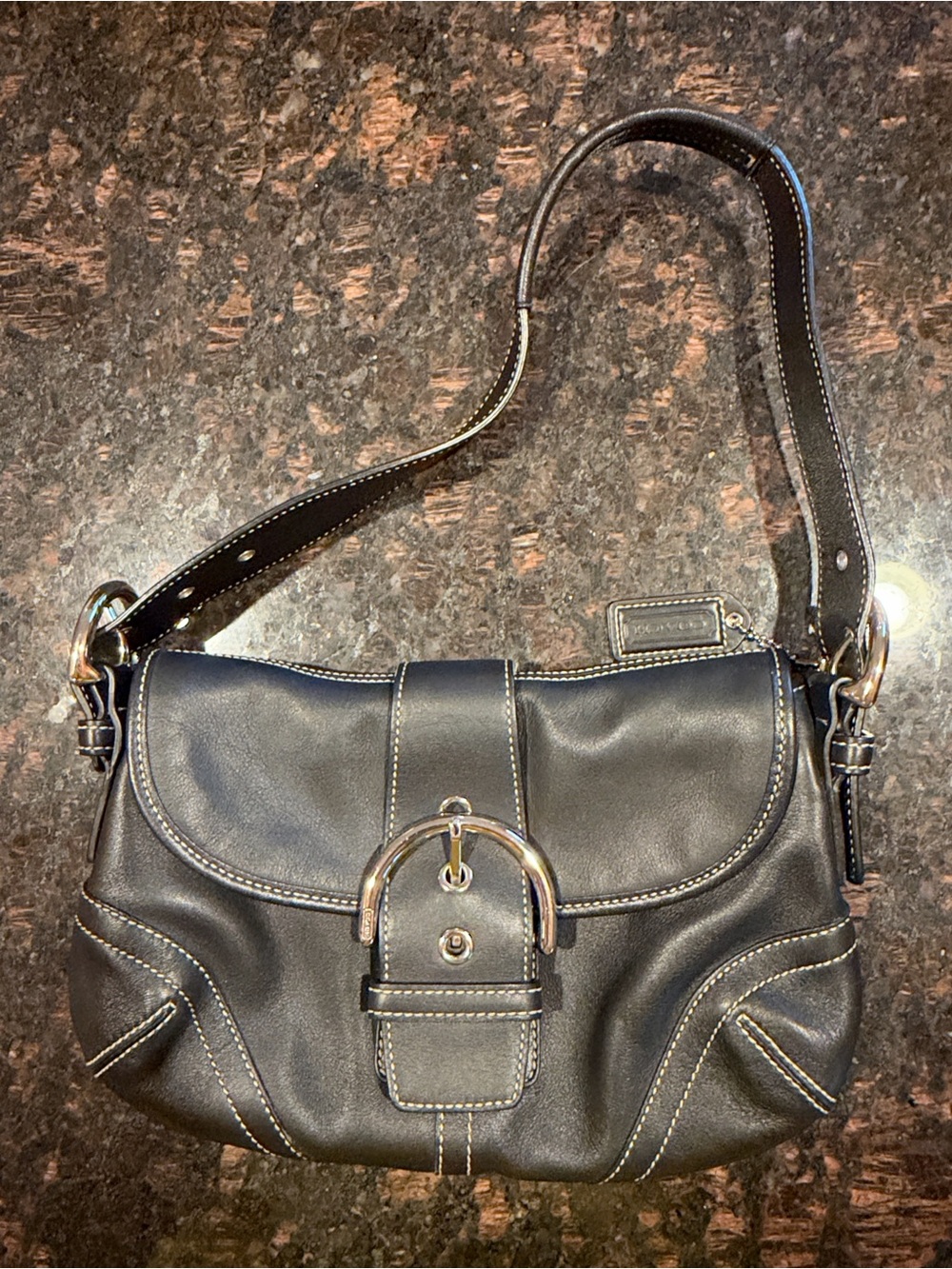 Coach SoHo Black Leather Shoulder Bag with Silver Buckle
